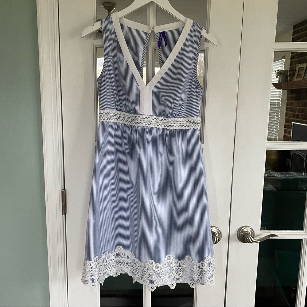 Seraphine Maternity Dress Size 4 Pinstripe Lace White Blue